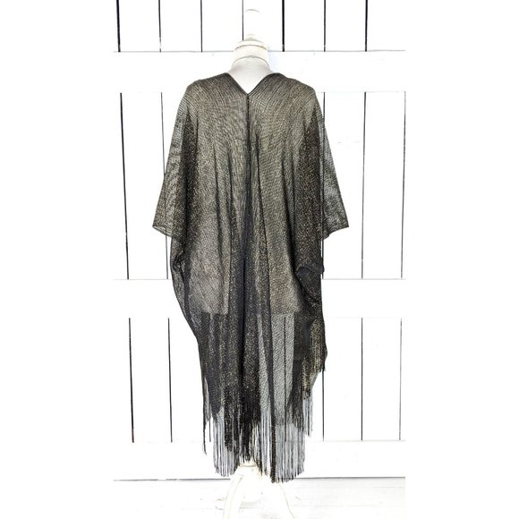 Black gold metallic mesh kimono cover up fringe jacket READY TO SHIP - Picture 5 of 5